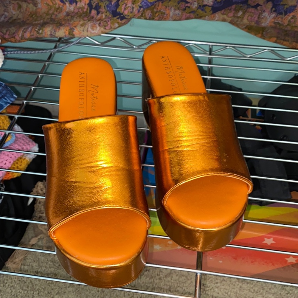 Anthropologie Chunky Metallic Orange Mules